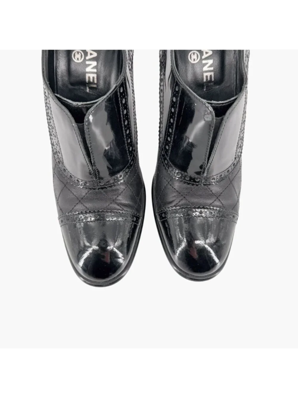 Chanel Black Brogue Ankle Booties Size 40 US 9-9.5 Women's Quilted Leather Heels